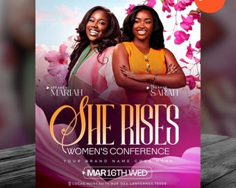 May include: A promotional poster for a women's conference, featuring two smiling women and the text "She Rises". The poster includes the date "Mar 16th Wed" and the location "Lucas Moreau 14 Rue des Lanternes 75008". The Canva logo is visible.