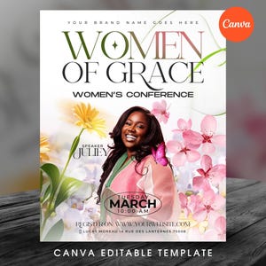 Puede incluir: Un cartel promocional para una conferencia de mujeres titulada "Women of Grace". El diseño presenta a una mujer sonriente, flores y el texto "Women's Conference". La oradora es Juliey. El evento es el martes, marzo a las 10:00 AM.