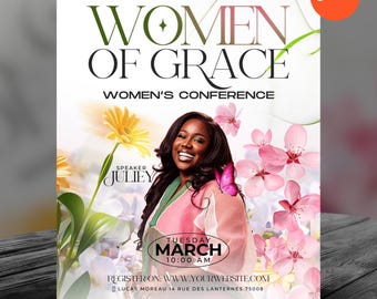 Women's Conference Flyer Church Template-Womens Ministry Fellowship-Womens Month-Church Retreat-Empowerment Event-Pink Floral-Editable Canva