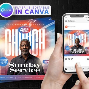 May include: A flyer and a phone showing a church service announcement. The flyer features a man's portrait, the words "CHURCH", "Sunday Service", and the date 4 June 2026. The phone displays the same design as an Instagram post.