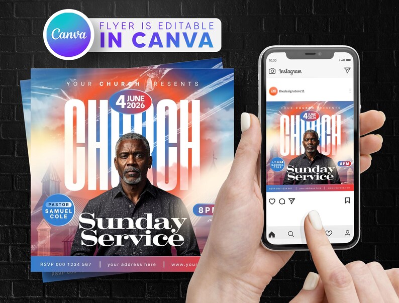 May include: A flyer and a phone showing a church service announcement. The flyer features a man's portrait, the words "CHURCH", "Sunday Service", and the date 4 June 2026. The phone displays the same design as an Instagram post.