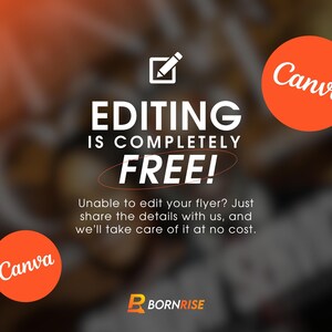 May include: An orange and white graphic promoting free editing services. The text reads "EDITING IS COMPLETELY FREE!" with a call to action to share details. The Canva logo is visible.