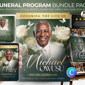 Könnte beinhalten: Ein Trauerprogramm-Paket mit dunkelgrünem Hintergrund, weißen Rosen und Schmetterlingen. Das Design enthält den Text Honoring the Life of Michael Owusu, Daten und Ortsangaben, dargestellt auf einem Smartphone und gedruckten Karten.