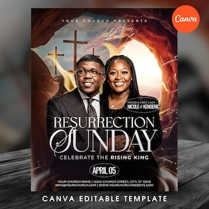 Può includere: Un poster promozionale per la Domenica di Resurrezione, con una coppia in abito formale. Il poster include il testo "Resurrection Sunday" e "Celebrate the Rising King". Viene visualizzata anche la data "05 aprile". Il logo Canva è visibile.