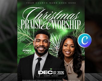 Christmas Praise Church Flyer Template-Editable Canva-Holiday Celebration Event Graphics-Worship Service-Community Church Gala-Modern Design