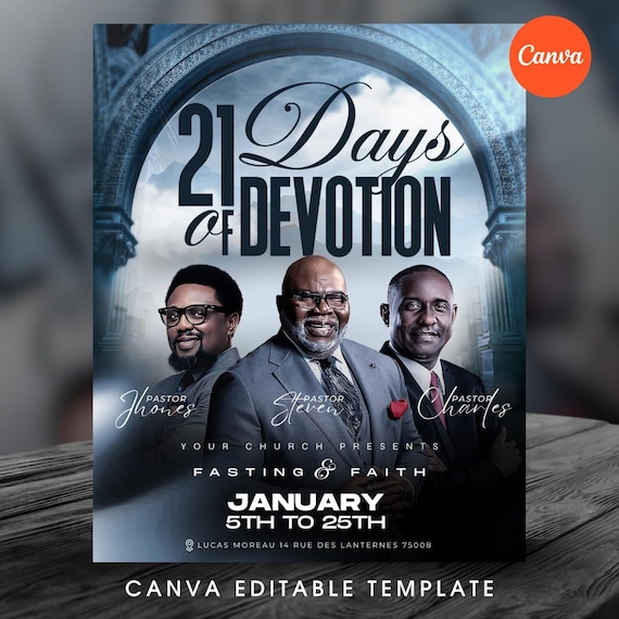 21 Days of Devotion Church Flyer Template Fasting & Prayer Night Faith Scriptures Canva Editable Service Announcement Community Bible Study
