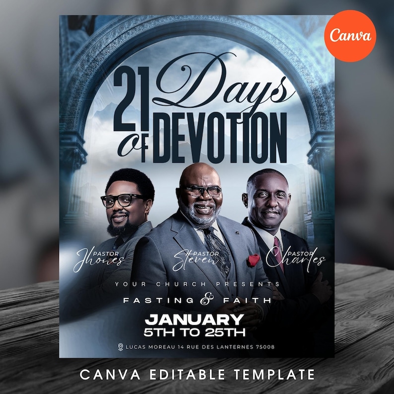 May include: A promotional poster with the text "21 Days of Devotion" and the words "Fasting & Faith". The poster features three men, with the names "Pastor Jhones", "Pastor Steven", and "Pastor Charles" below them. The dates "January 5th to 25th" are also displayed.