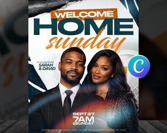 Welcome Back Home Church Flyer Template-Editable Canva, Homecoming Sunday-Worship Service Flyers-Modern Blue Orange Design-Church Graphics
