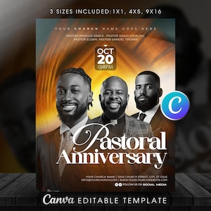 Op de afbeelding: Een digitaal flyer-sjabloon voor een pastoraal jubileum met drie mannen in pak. De tekst bevat 3 SIZES INCLUDED: 1X1, 4X5, 9X16, YOUR CHURCH NAME GOES HERE, PASTOR MARCUS VANCE, PASTOR DAVID STERLING, PASTOR ELIJAH, PASTOR SAMUEL THORNE, OCT 20 @8PM, PASTORAL ANNIVERSARY en tijdelijke contactgegevens.