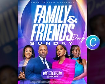 Family And Friends Day Church Flyer Template-Editable Canva-Bring A Friend Sunday Service-Church Event-Church Announcement-Modern Pink Blue