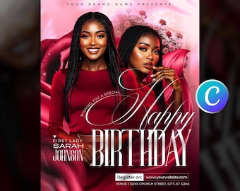 Pastoral Birthday Church Flyer Template Editable Canva-Pastor Appreciation-First Lady Birthday Celebration Event-Modern Red & White Design