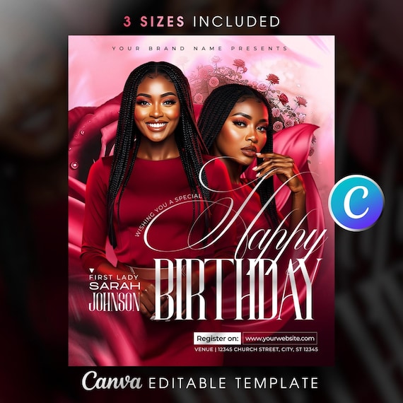 Pastoral Birthday Church Flyer Template Editable Canva-Pastor Appreciation-First Lady Birthday Celebration Event-Modern Red & White Design