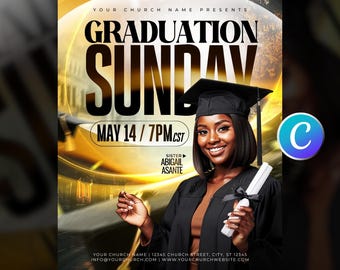 Graduation Sunday Church Flyer Template-Youth Ministry-Event Celebration Service-Instagram Post-Modern Yellow Black Design-Editable Canva