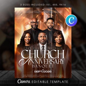 May include: A digital flyer template for a church anniversary banquet featuring five people in formal attire against a gold geometric background. Text includes 3 SIZES INCLUDED: 1X1, 4X5, 9X16, names of pastors, YOUR CHURCH PRESENTS CHURCH ANNIVERSARY BANQUET, SEPT 2026, and placeholder contact details.