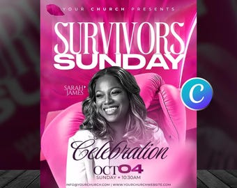Faith Pink Sunday Church Flyer Template-Canva Breast Cancer Awareness Flyers-Sunday Worship Service Flyer-Editable Event-Digital Download