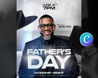 Father’s Day Church Flyer Template-For Church Members-Sunday Service Worship-Ministry Event-Guest Speaker-Modern Blue & White-Editable Canva