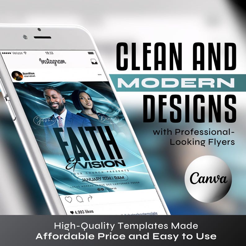 May include: A smartphone screen shows a flyer design with the text "FAITH & VISION" and the words "CLEAN AND MODERN DESIGNS." The flyer features images of two people and the Canva logo. The bottom text reads "High-Quality Templates Made Affordable Price and Easy to Use."