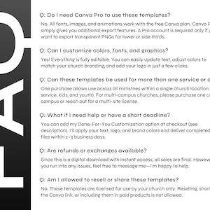 May include: A black and white graphic with the letters "FAQ" in large white font. The image contains a list of questions and answers about using Canva templates, including customization, usage rights, and support.