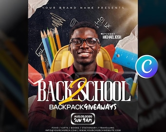 Back To School Church Flyer Template Editable Canva, For Youth Ministry Event, School Prayer Worship Service, Modern Yellow And White Design