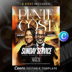 May include: A promotional flyer for a Sunday service, featuring the text "PENTE COST" in large, bold letters. The flyer includes images of a smiling woman and man, with the text "First Lady Alena James" and "Pastor David Jackson." The date "MAY 24" is also displayed.