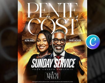Pentecost Sunday Fire Revival Church Flyer Template-Worship Service-Holy Spirit-Event Celebration-Modern Brown & White Design-Editable Canva