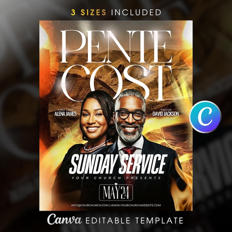 May include: A promotional flyer for a Sunday service, featuring the text "PENTE COST" in large, bold letters. The flyer includes images of a smiling woman and man, with the text "First Lady Alena James" and "Pastor David Jackson." The date "MAY 24" is also displayed.