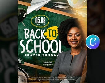 Back To School Church Flyer Template, Editable Canva For Youth Ministry Event, School Prayer Worship Service, Modern Green And White Design