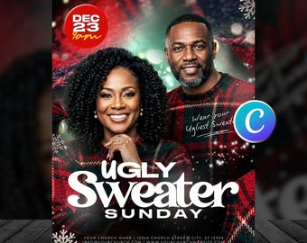 Ugly Sweater Christmas Church Flyer Template-Holiday Celebration Event Graphic-Sunday Worship Service Community-Modern Design-Editable Canva