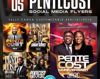 Pentecost Sunday Fire Revival Church Flyer Template Bundle-Worship Service-Holy Spirit-Event Celebration-Modern Design-Editable Canva