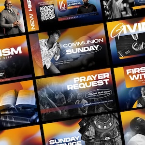 May include: A collage of promotional graphics with orange, yellow, and black backgrounds. The graphics include text such as "Baptism," "Communion Sunday," and "Prayer Request." Images of people and open books are also featured.