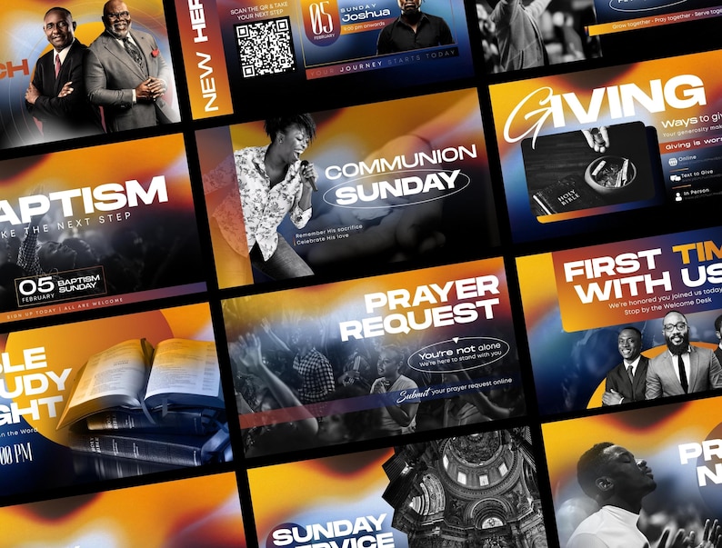 May include: A collage of promotional graphics with orange, yellow, and black backgrounds. The graphics include text such as "Baptism," "Communion Sunday," and "Prayer Request." Images of people and open books are also featured.