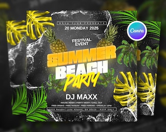 Editable Summer Beach Party Flyer, NightClub, Concert Flyer, Event Dj Invitation, Chill Out Lounge, DIY Template, Canva Editable Design