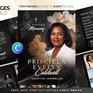 May include: A black and white funeral program template with the text "In Loving Memory" and the name "Priscilla Evelyn Caldwell". The template is 43.18 x 27.94 cm, folding to 21.59 x 27.94 cm, and includes an order of service and photos.