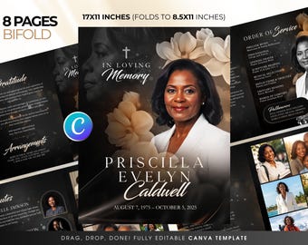 Obituary Printable Funeral Program template 8 page-celebration of life-In Loving Memory-Order Of Service-Elegant Black Gold-Editable canva