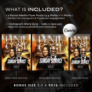 May include: A promotional graphic for a Sunday service, featuring three variations of a flyer design. The flyers showcase a couple and the text "Pente Cost" and "Sunday Service." The graphic includes text indicating social media sizes and Canva branding.