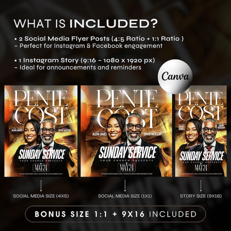 May include: A promotional graphic for a Sunday service, featuring three variations of a flyer design. The flyers showcase a couple and the text "Pente Cost" and "Sunday Service." The graphic includes text indicating social media sizes and Canva branding.