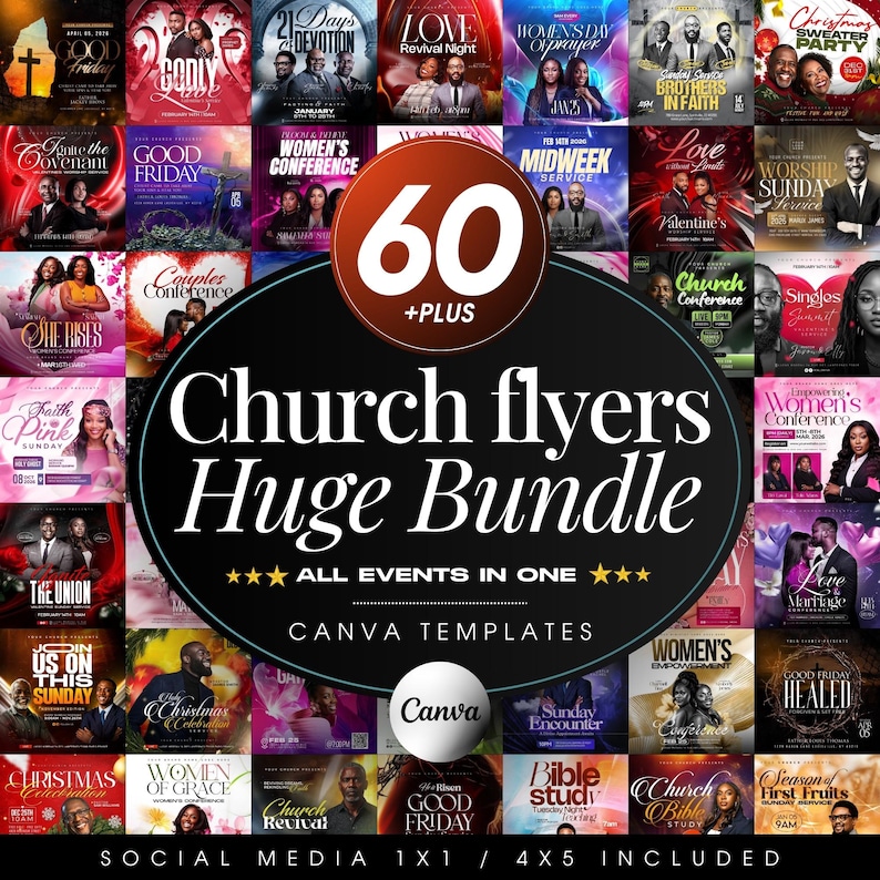 May include: A bundle of over 60 church flyers with diverse designs, covering events such as Good Friday and Women's Conference. Includes Canva templates and social media sizes for easy use.