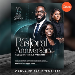 Op de afbeelding: Een promotieflyer voor een Pastoraal Jubileum, met drie lachende mensen in formele kleding. De flyer bevat de datum, tijd en de woorden "Pastoral Anniversary Celebrating 15 Years". Het Canva-logo is zichtbaar.