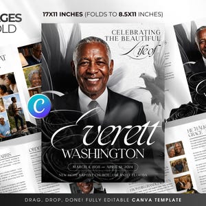 May include: A bi-fold funeral program template with a portrait of a smiling man in a suit. The design is black and white, with the name "Everett Washington" in elegant script. The template is 17x11 inches, folding to 8.5x11 inches.