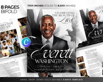 8 Page Black & White Roses Funeral Program Template, Editable Canva Order Of Service, Celebration Of Life, In Loving Memory, Memorial Bifold