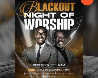 May include: A promotional flyer for a church event, featuring two men in suits. The flyer's title reads "Blackout Night of Worship" in gold lettering. Details include the date, time, and guest speakers. The Canva logo is visible.