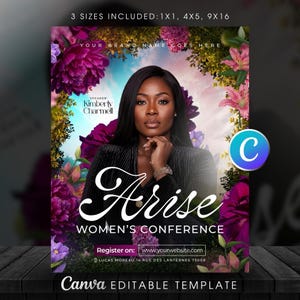 May include: A digital flyer template for an Arise Women's Conference featuring a person with long dark hair wearing a black textured top. The design includes vibrant purple and pink floral borders, text reading Kimberly Charmell, and placeholders for website and address details.