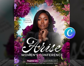 Plantilla de folleto para conferencia de mujeres de la iglesia, editable en Canva, folletos para retiros de ministerios de mujeres, programa de brunch del Día de la Mujer, desayuno de oración.