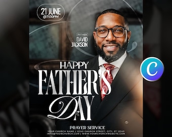 Father’s Day Church Flyer Template-For Church Members-Sunday Service Worship-Ministry Event-Guest Speaker-Modern Black White-Editable Canva