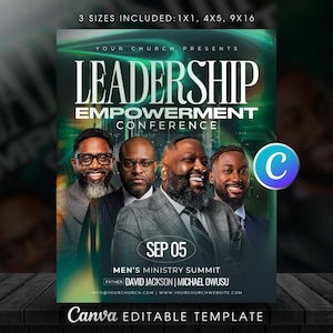 May include: A digital flyer template for a Leadership Empowerment Conference featuring four men in suits against a green abstract background. Text includes "LEADERSHIP EMPOWERMENT CONFERENCE", "SEP 05", "MEN'S MINISTRY SUMMIT", and "3 SIZES INCLUDED: 1X1, 4X5, 9X16".