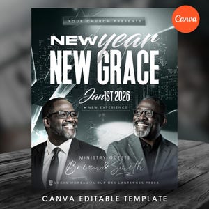 Può includere: Un volantino promozionale con il testo "NEW YEAR NEW GRACE" e "Jan 1st 2026". Il volantino presenta due uomini sorridenti e le parole "Ministry Guests Brian & Smith". Il logo Canva si trova nell'angolo in alto a destra.