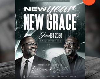 May include: A promotional flyer with the text "NEW YEAR NEW GRACE" and "Jan 1st 2026". The flyer features two smiling men and the words "Ministry Guests Brian & Smith". The Canva logo is in the upper right corner.