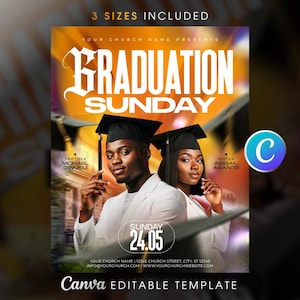 May include: A promotional flyer for a graduation event. The design features two people wearing graduation caps and gowns. The text includes "Graduation Sunday," the date, and the church's information. The flyer is a Canva editable template.