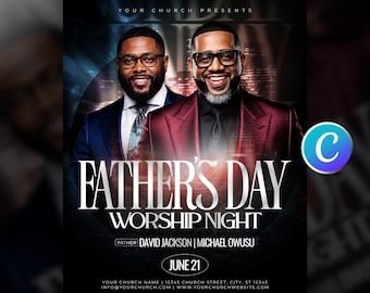 Father’s Day Church Flyer Template-For Church Members-Sunday Service Worship-Ministry Event-Guest Speaker-Modern Black White-Editable Canva