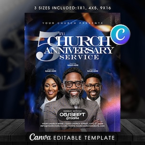 Programflyer för kyrkans 5-årsjubileum, redigerbar Canva-mall för kyrkoevenemang, inbjudan till pastorns uppskattningsgudstjänst, pastoral firande